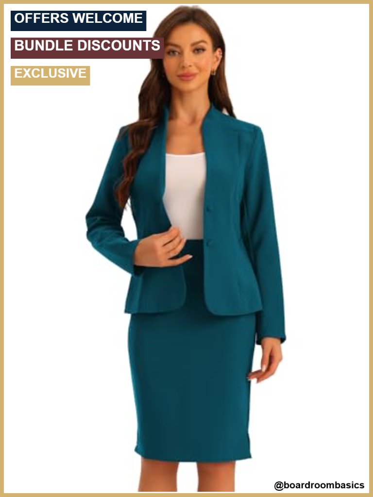 Women's 2 Piece Skirt Suit Set - Collarless Blazer & Pencil Skirt Business